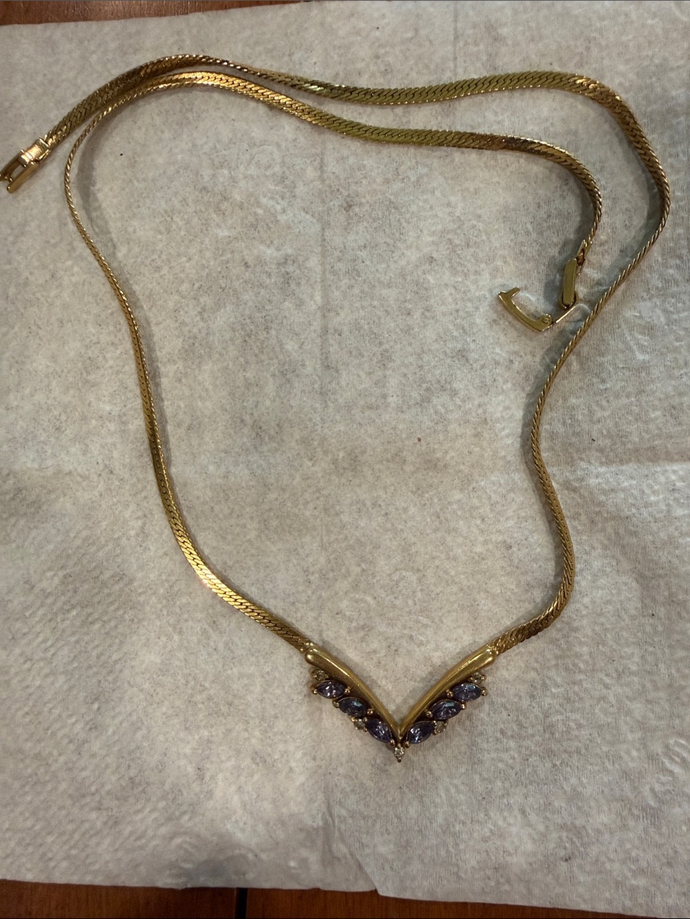 Vintage Gold-Tone V-Detail Necklace with Purple Stone Accents
